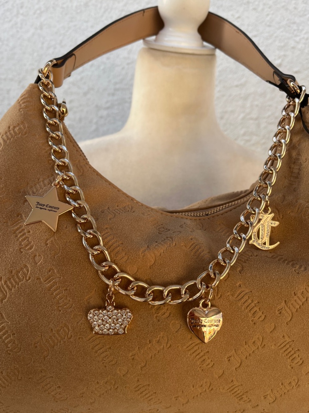 Juicy Couture Camel Suede Hobo Bag with Gold Charm Chain NWT - Picture 2 of 9